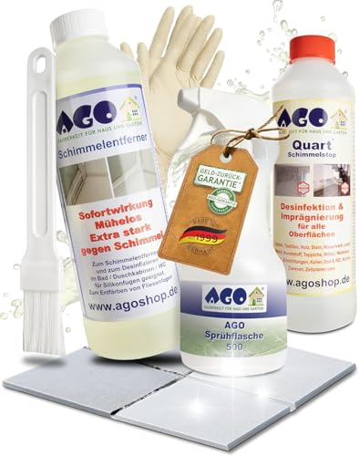 AGO Set 4-teilig Schimmelentferner & Schimmelstop je 500ml/ hochkonzentriertes Anti Schimmel Mittel mit Pinsel & Sprühflasche stärker als herkömmliche Schimmel Entferner