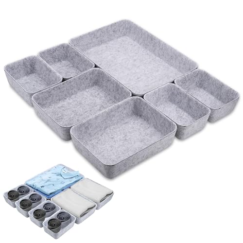 Hejo 7 Piezas Organizador de Cajones de Fieltro, Separadores de Cajones, Organizador Cajones de Baño, Organizador de Cajones para Oficina en Casa, Armario de Papelería (Gris Claro)