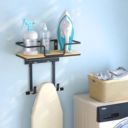 Image of efluky Ironing Board Hanger with Removable Hooks, Ironing Board Holder Wall Mount for T /Y Type, 12.59 inch L x 5.9 inch W x 2.36 inch H, Black
