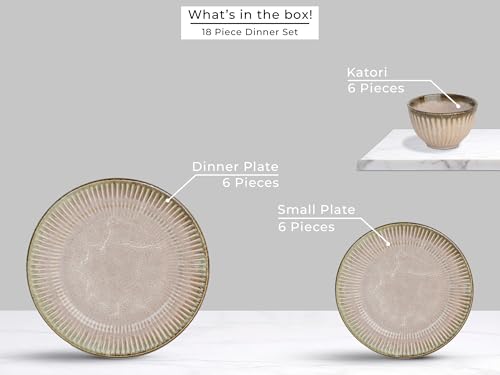 Image of Bodhi House Premium 18-Piece Stoneware Dinner Set Serving for 6 - Handcrafted Ceramic Plates, Bowls & Serving Bowls | Microwave & Dishwasher Safe | Elegant Modern Tableware Crockery Petal Pink