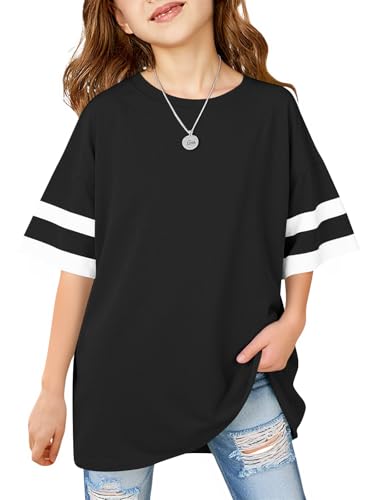 Image of Girls Oversized T Shirts Kids Summer Striped Short Sleeve Tops Casual Crewneck Tees 5-14 Years