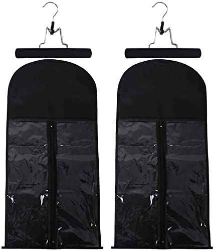 2 Pack Hair Extension Storage Bag with Hanger Holder Holder Dust Proof Portable Hair Extension Bag Carrier Case with Transparent Zip Up Closure for Travel (Black and black)