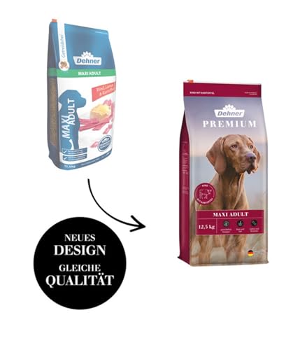 Dehner Premium Hundefutter Maxi Adult, Trockenfutter getreidefrei, für ausgewachsene Hunde großer Rassen, Rind / Lamm / Kartoffel, 12.5 kg