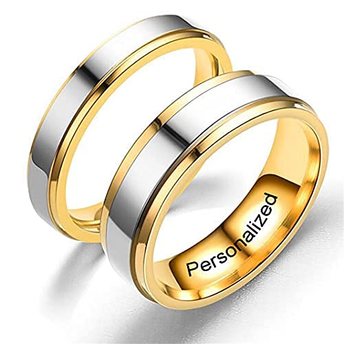 IhanskioAnillo personalizado para pareja anillos de patrón de rayas de doble Color en el interior puede grabar Anillos de Compromiso de boda de promesa personalizada 6MM 4MM 6-13 # (Gold-6mm/4mm, 1 PAIR)