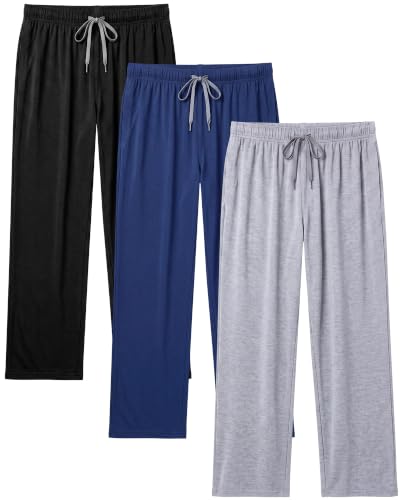 Image of 3 Pack Mens Cotton Pajamas Pants Lounge Pjs Bottoms Sleepwear Bottoms Soft Pants with Pockets Drawstring