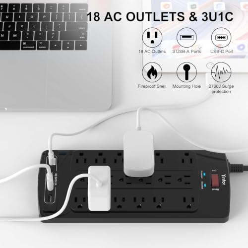 Image of Surge Protector Power Strip, Yintar 6 Feet Flat Plug Heavy Duty Extension Cord with 18 Widely Outlets and 4 USB Ports, 2100 Joules, ETL Listed, Black