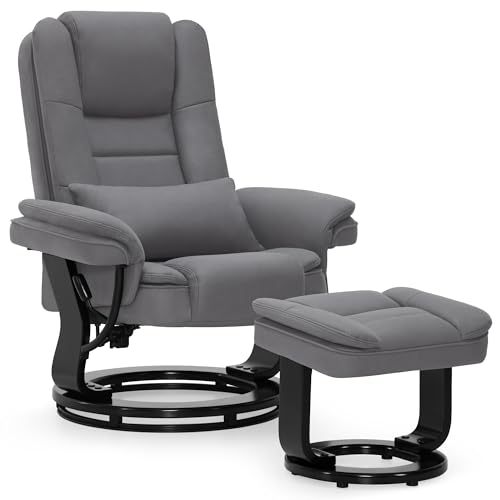 M MCombo Relaxsessel mit Liegefunktion, Lesesessel, 360° Drehbarer Fernsehsessel, mit Hocker, mit Kissen & Seitentasche, bis 120 Kg Belastbarer TV-Sessel für Wohnzimmer, 9099 (Mikrofaser, Grau)