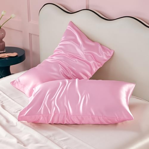 Image of Bedsure Satin Pillowcase for Hair and Skin Queen, Similar to Silk Pillow Cases, Valentine Pillow Covers Set of 2 with Envelope Closure, Pink Room Decor Essentials, Gifts for Women Girls 20x30 Inches
