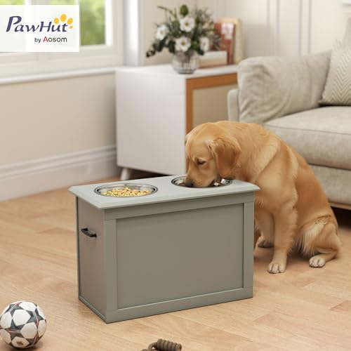 PawHut Erhöhter Hundenapf Futternapf mit Staumraum Wassernapf 2 x 2000ml Edelstahlnäpfen Hundenäpfe Fressnapf Futterstation für Hunde Katzen Grau