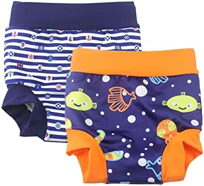 BabyPreg Baby Kids Swim Nappies Cover Diaper Pants High-Waisted Belly Protection Swimming Shorts (Blue (Fish), Size M)