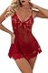 ONGASOFT Damen Sexy Unterwäsche für Frau Spitze Babydoll Sexy Dessous Sets Negligees Nachthemd V-Ausschnitt Und G-String, Rot