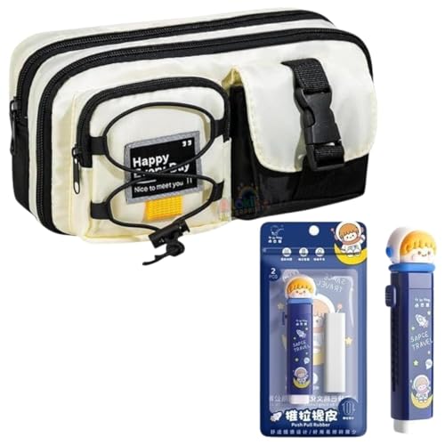 Image of Large Capacity Cute Aesthetic Pencil Case with Multi ompartments, Multi-Pocket Pastel Pen Pouch Organizer with Zipper, Kawaii School Supplies Bag for Girls (Black Happy EveryDay + Space Blue Eraser)