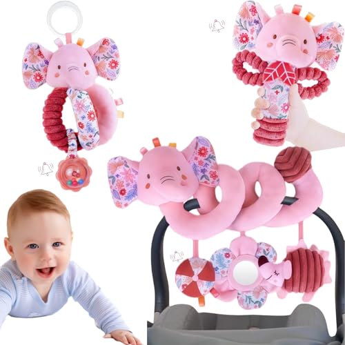 Image of Baby Toys 0-6-12 Months Spiral Car Seat Toy, Infant Stroller Hanging Carseat Rattle Stuffed Animal Newborn Girl Boy Accessories Birthday Gift 0-3-4-5-7-8-9 Month Old Mirror Pink Elephant 3PCS