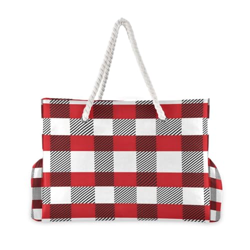 Beach Bag - Large Tote Bags for Women Red Black White Plaid Checkered Shoulder Bags Zipper Waterproof Sandproof for Travel Gym Swim Daily2