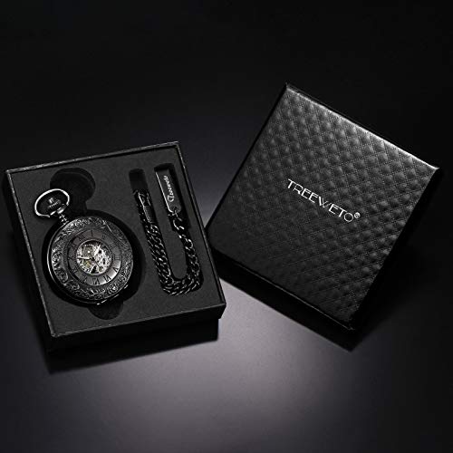Image of TREEWETO Men's Mechanical Skeleton Pocket Watch for Mens Women Blue Roman Numerals Dial Double Case Pocket Watches