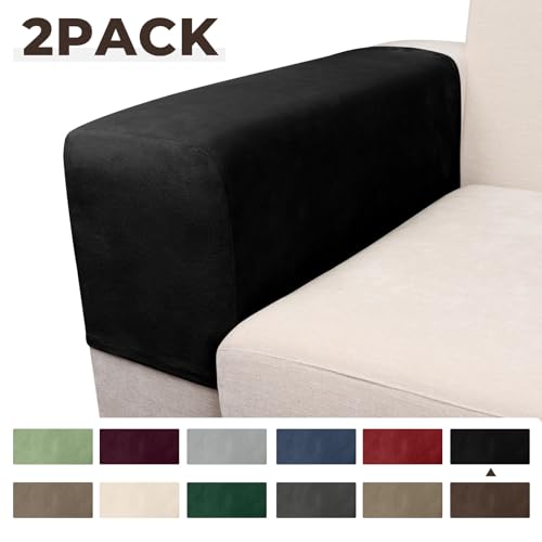 Image of Couch Arm Covers 2 Pcs Sofa Armrest Covers Stretch Couch,Armrest Cover for Chairs Scratch-Resistant Sofa Arm Cover Armchair Slipcovers,Black