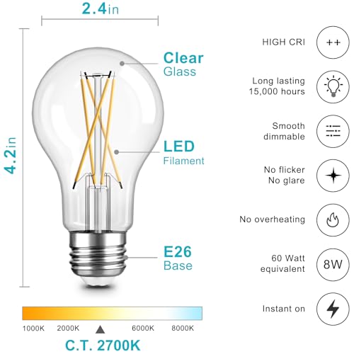 TJOY 12 Pack A19 Vintage LED Edison Bulbs, Dimmable, 60W Equivalent, High Brightness 2700K Warm White, 8W E26 Standard Base, 800 Lumens, CRI80+, Clear Glass Filament Bulb for Home, Farmhouse - Thumbnail 2