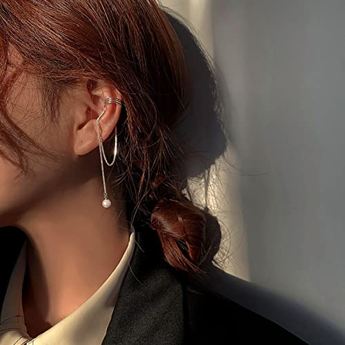 SLUYNZ 925 Sterling Silver No Piercing Cuff Earrings Chain for Women Wrap Earrings Pearl Tassel Clip On Ear3