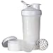 BlenderBottle ProStak Shaker, Fitness Shaker, Agitateur de protéines, Sans BPA, avec balle mélangeur et 2 boîtes supplémentaires de 150 ml et 100 ml + 1 compartiment à pilules, 650ml, Blanc