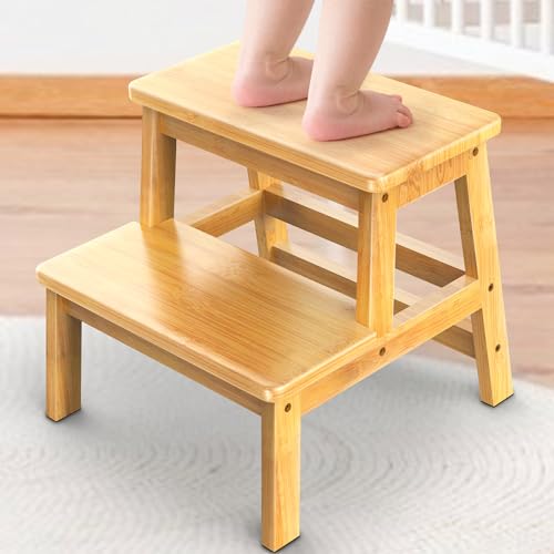 Image of IPOW Multi-Purpose 2-Step Bamboo Stool for Kids & Adults - Stable, Anti-Slip, Wider Steps for Toilet, Kitchen, Bed - Reach High