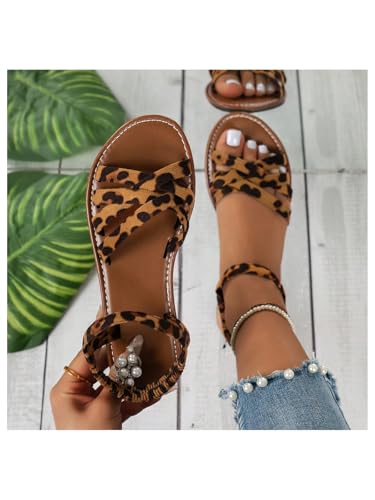 GORGLITTER Women's Leopard Print Flat Sandals Cheetah Criss Cross Strappy Open Toe Ankle Strap Dressy Sandal 5
