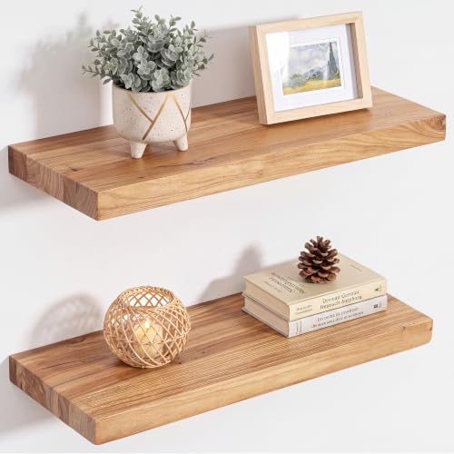 Image of RICHFOCUS Elm Floating Shelves for Wall - 20 inch W x 9.3 inch D Rustic Solid Wood Shelves with Invisible Bracket, Wall-Mounted for Living Room, Bedroom, Kitchen Storage & Display, Set of 2, Natural