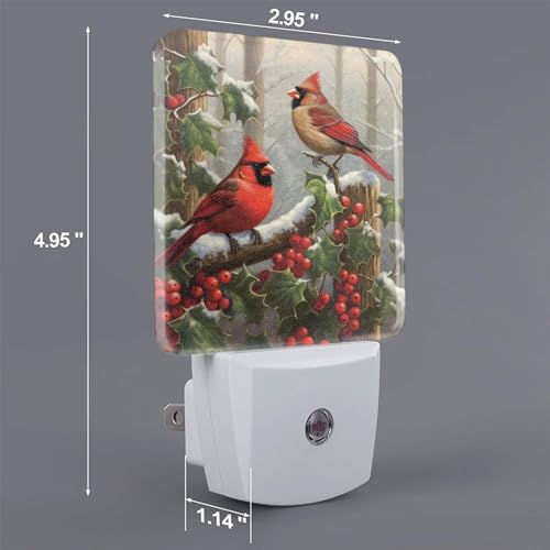 Image of Christmas Red Birds Night Light Set of 2, Winter Snow Auto Sensor LED Dusk-to-Dawn Nightlights, Plug-in Sensor Lamp for Bedroom Bathroom Kitchen Hallway Stairs Decorative