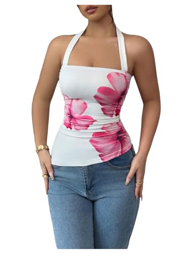 SOLY HUX Women's Floral Print Halter Tank Top Sleeveless Backless Ruched Asymmetrical Hem Summer Tops