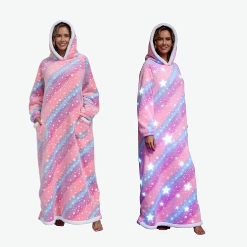 Oversized Wearable Hooded Blanket with Print Glow in The Dark Long Size(59in) Sherpa Warm Sweatshirt for Women (rainbow oversize)