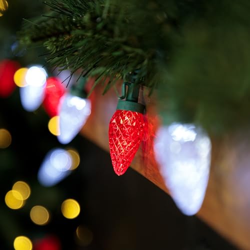 Northlight 100-Count Red and Pure White Faceted LED C9 Christmas Lights, 66ft Green Wire