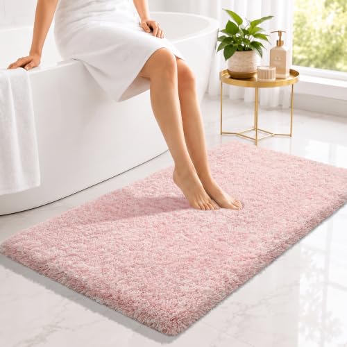 Yimobra Long Bathroom Rug 44x24, Fluffy Non Slip Bath Mat, Light Pink&White