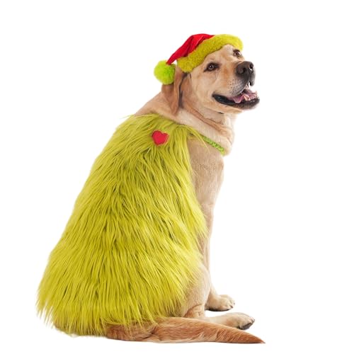 Littledropet Furry Dog Green Monster Costume with Pet Christmas Hat,Dog Cat Christmas Halloween Costume Outfit Shirt Clothes for Small Medium Large Dogs,5XL
