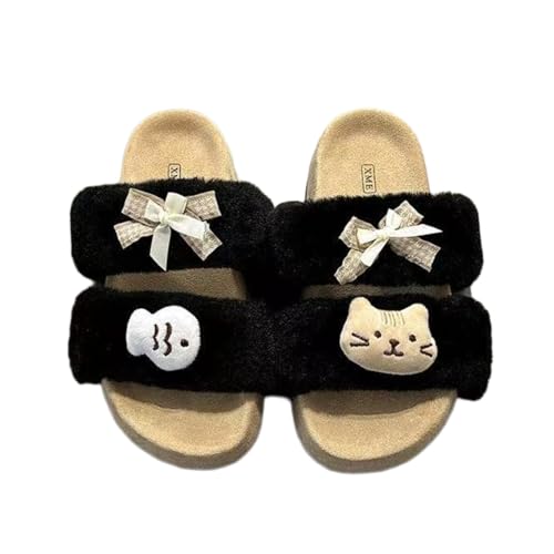 ZQW Women's 3D Cat & Fish Plush Fuzzy Slippers Y2K Kawaii Non-Slip Platform House Shoes Casual Cute Animal Slides Outdoor