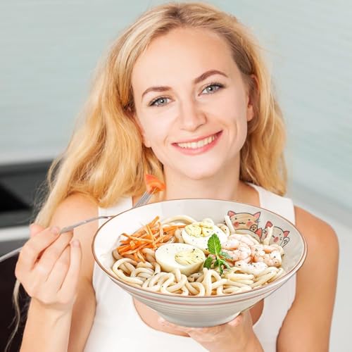 Image of NJCHARMS Ceramic Ramen Bowl Set of 2, 42 oz Japanese Noodle Soup Bowls with Spoons and Chopsticks for Ramen Soup Pho Udon Asian Noodles, Large Noodle Bowls(Beige)