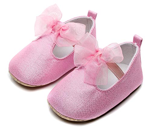 Bebila Baby Girls Mary Jane Flats Bowknot Princess Dress Shoes Ballet Flats Toddler T-Strap Slippers with Soft Sole for Newborn, Infants and First-Walker (3-6 Months/4 US Toddler/11.5 cm, Pink)