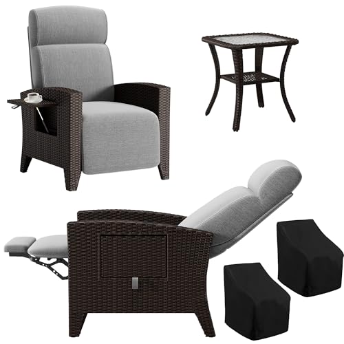 Fiutazge Set de 3X Chaise Longue Bain de Soleil en Rotin avec Dossier Réglable,Coussin épais Amovible,Fauteuil Relax Jardin ave Table de Balcon pour Terrasse...
