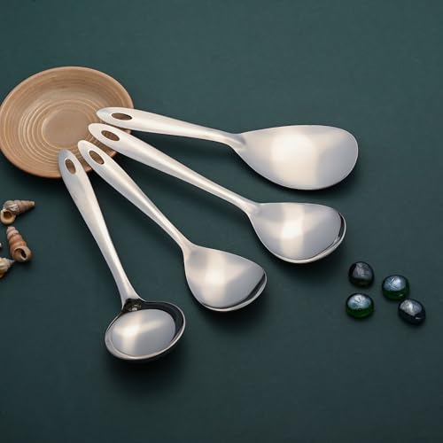 Image of Montavo by FnS 4 Pieces Stainless Steel Serving Spoon Set | 1 Gravy Ladle, 1 Rice Server, 1 Medium Veg Serving Spoon & 1 Small Veg Serving Spoon | Kitchen Serving Tools for Home & Dining