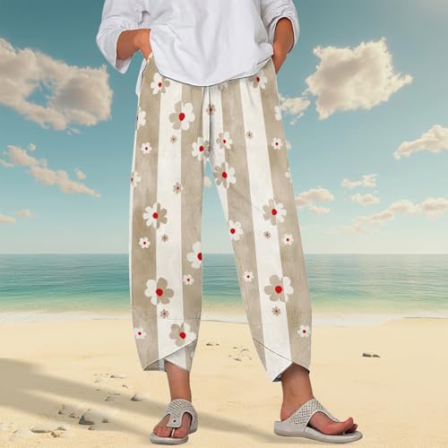 Image of DMOYALA Linen Pants for Women Summer Casual Wide Leg Capri Pants Loose Fit Palazzo Pants Cropped Beach Pants with Pockets