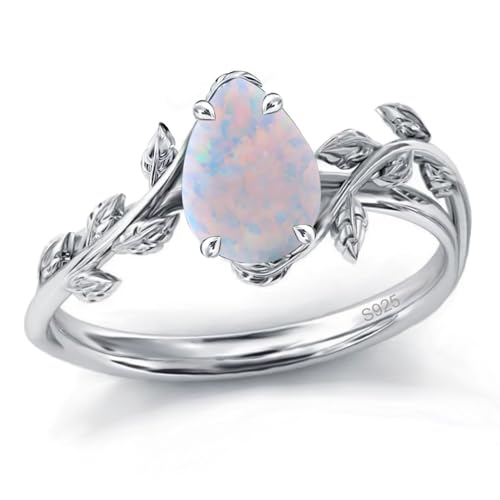 Opal Ring 925 Sterling Silver Pear Shaped Opal Ring for Women Leaf Promise Ring for Her Birthday Anniversary Christmas Jewelry Gifts for Women,Ring Size 7