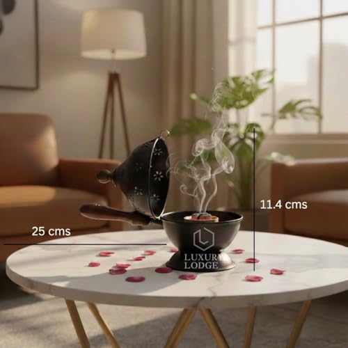 Image of 𝐋𝐔𝐗𝐔𝐑𝐘 𝐋𝐎𝐃𝐆𝐄 Metal Dhoop Dani | Incense Burner for Puja | Loban Dani | Bakhoor Burner | Dhoop Holder Stand | Globe Design with Wooden Handle | Pooja Room Decor | Home Fragrance | Gift