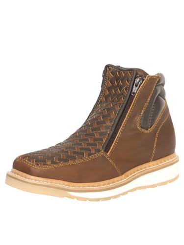 Men's Woven Leather Ankle Boots, Side Zipper, Square Toe, Petatillo Leather