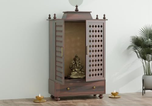 Image of Solid Sheesham Wood Temple for Home & Office /Mandir /God Stand /Pooja Stand /Home Mandap /Mandapam with Cabinet Doors & Multiple Storage (Walnut-1, Large)