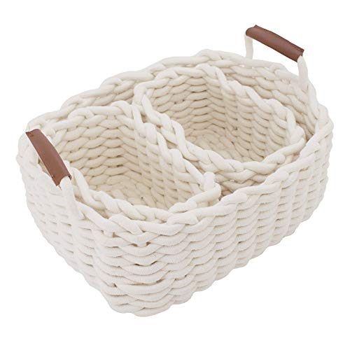 Image of JJSQYLAN Cotton Rope Blanket Storage Basket for shelf,small decorative woven basket Organization and storage for Candy Food Nursery Baby Clothes Towels Diaper Caddy Books (Set of 3, White)