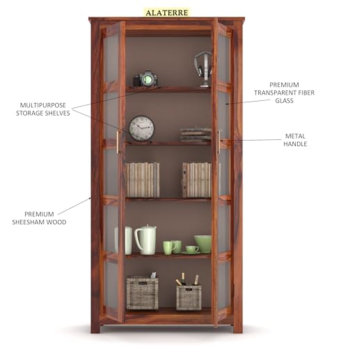Image of Wood Book Shelf with Glass Door, Wooden BookCases for Home Library, Crockery Units, Kitchen Cabinet, Study Room, Book Rack, Shelves, Home & Office, Honey Finish