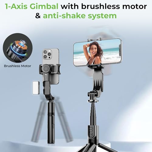 Image of UltraProlink Snap-Z Pro|1-Axis Gimbal Stabilizer with Full control BT Remote| Selfie Stick Tripod with 9 mode magnetic Fill Light| Anti-Shake for iPhone & Android Extendable 680mm|360 Rotation|UM1268