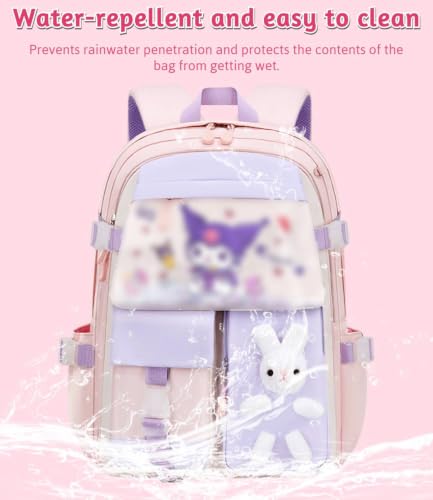 Image of Cute Pastel Contrasting Color Anime Cartoon School Backpack for Girls, Kawaii Large Capacity Bunny Bag, Lightweight Casual Travel Daypack Multi-Compartment Bookbag for Elementary School Kids