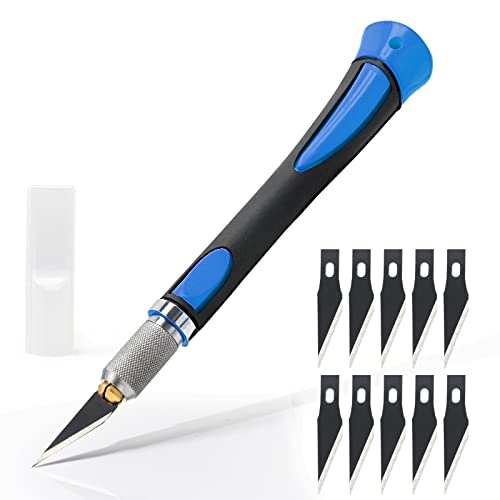 EHDIS Cuter Manualidades Precision con 10 Cuchillas de Película de aceite, Cuter de Precisioncon con Mango de Goma, para Cortar y Tallar, Azul