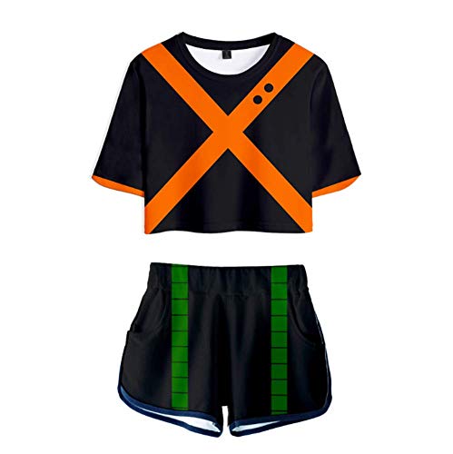 My Hero Academia Cosplay Fantasia 2 peças Crop Top e Shorts Conjuntos para Mulheres, Bakugou, XX-Lar