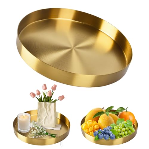 Cable Leader 1 pièce plateau rond doré en métal, diamètre 20 cm, plateau décoratif doré, plat inox à boissons et à bougies, adapté aux bijoux, à la...