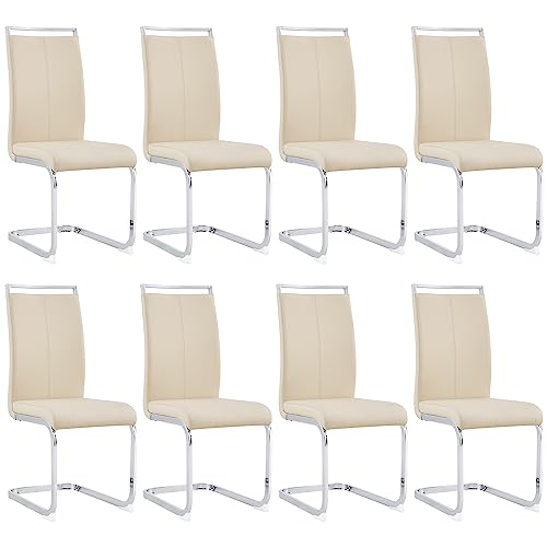 Image of Baysitone Modern Dining Chairs Set of 8, Side & Kitchen Chairs with Silver Frame, Faux Leather Padded Seat High Back, for Dining, Kitchen & Living Room - Beige